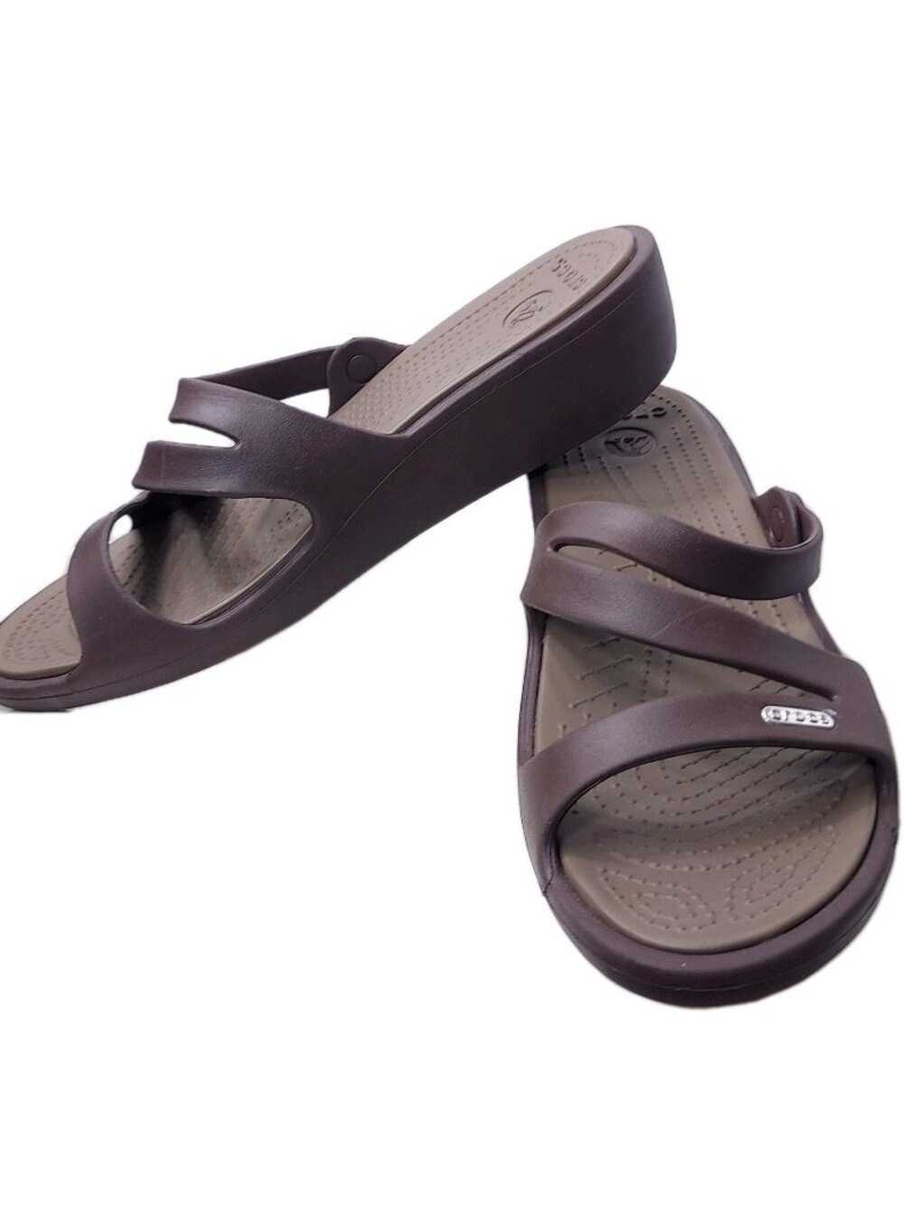 CROCS Wedge Sandals Size 11 Brown Patricia Comfort Strappy Slides Beach Pool